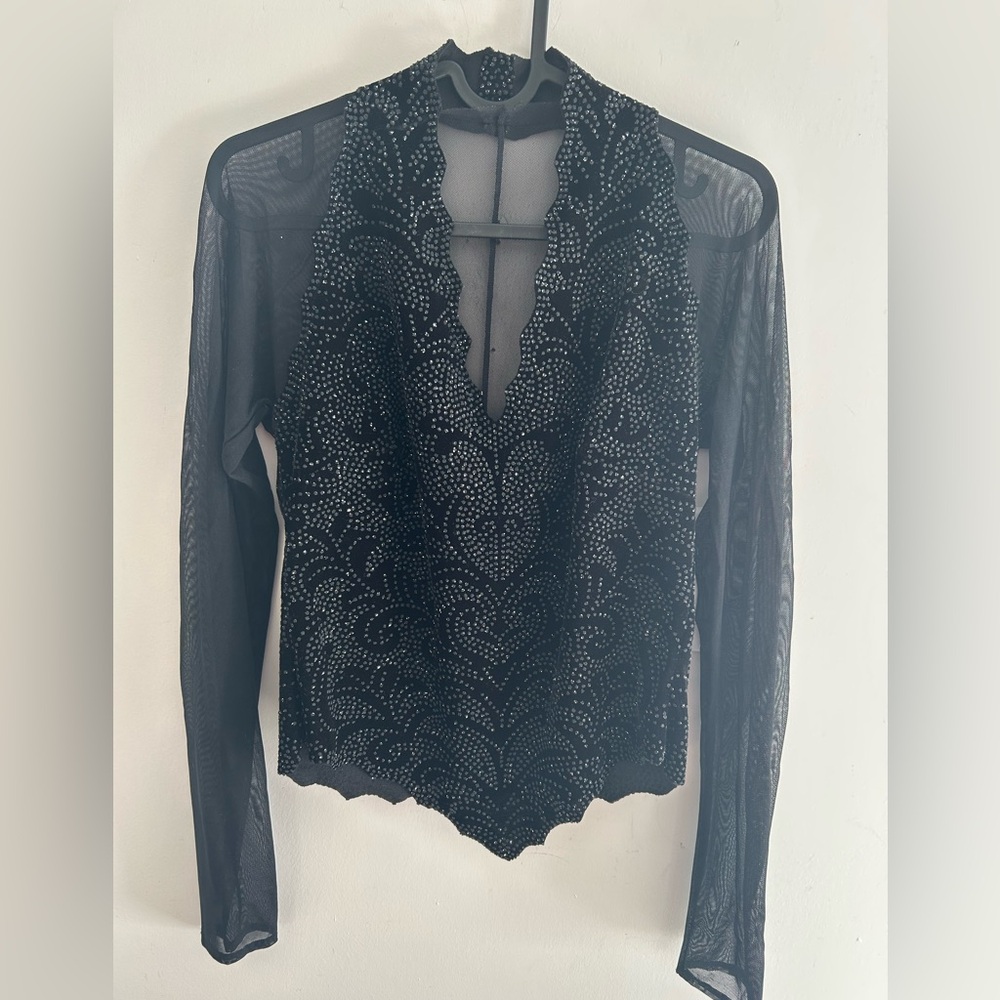 Elegant Black Velvet Beaded Blouse Mesh Long Sleeve Corset Top size 6 Festive